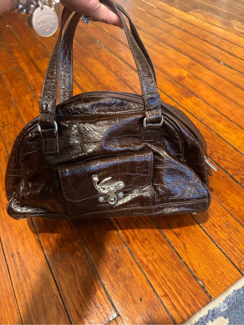 Dark Brown Croc-Embossed Satchel Handbag with Front Pocket